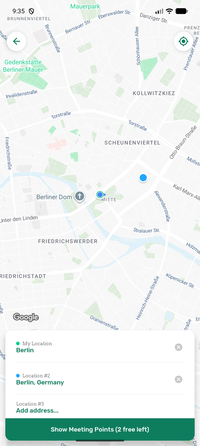 Two addresses on the map, ready to show fair meeting points