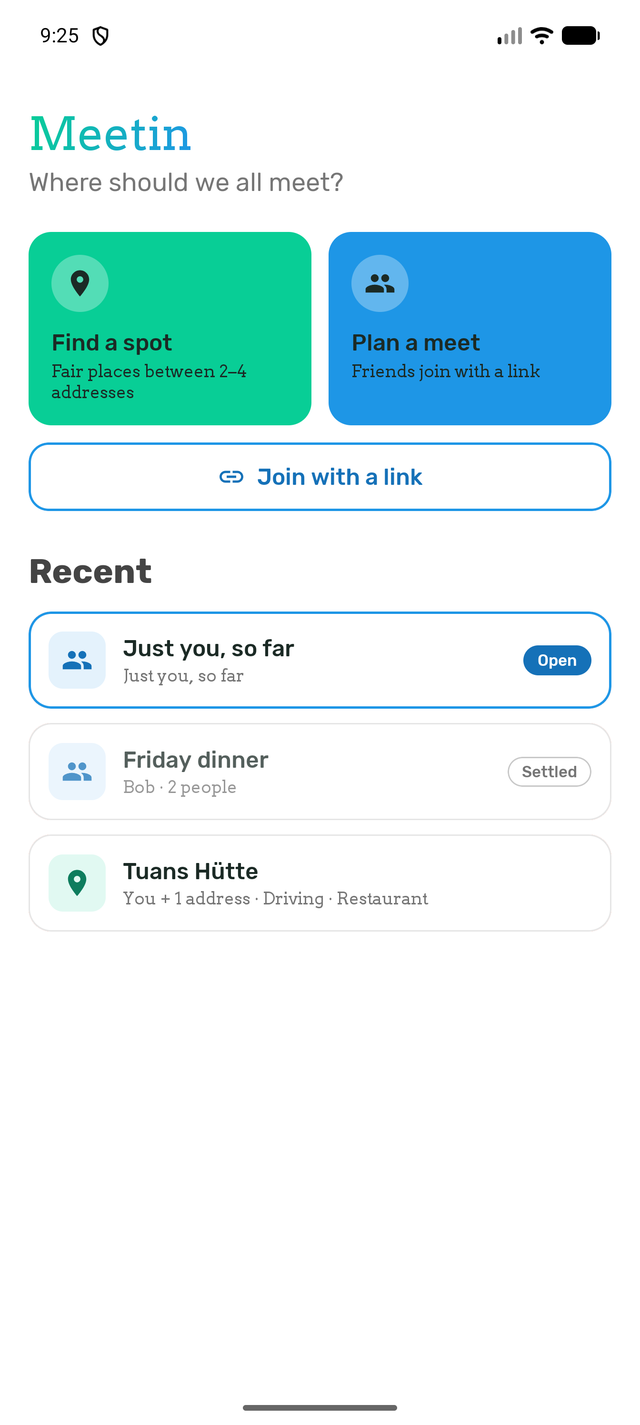 Meetin home screen: Find a spot, Plan a meet, and your recent meets